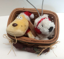 Vtg 1987 Kennel Kuddlee Pup Tan Plush Dog Santa Hat Tara Toy w/ Wicker Basket