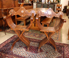 Hand Carved Moroccan Teak Wood Mother Of Pearl Inlaid Pair Of Chairs