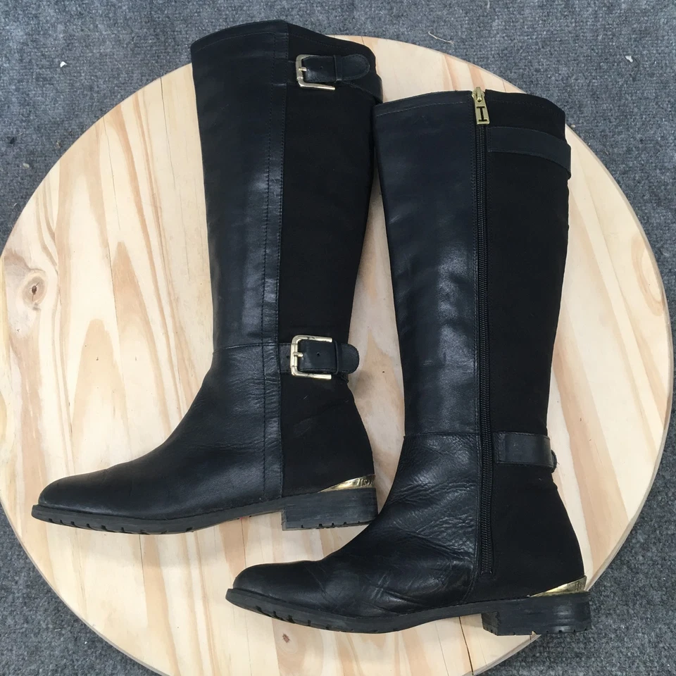 Issac Mizrahi Boots Womens 7.5 M Isamit Riding Black Leather Zip Buckle Straps - Image 2 of 4