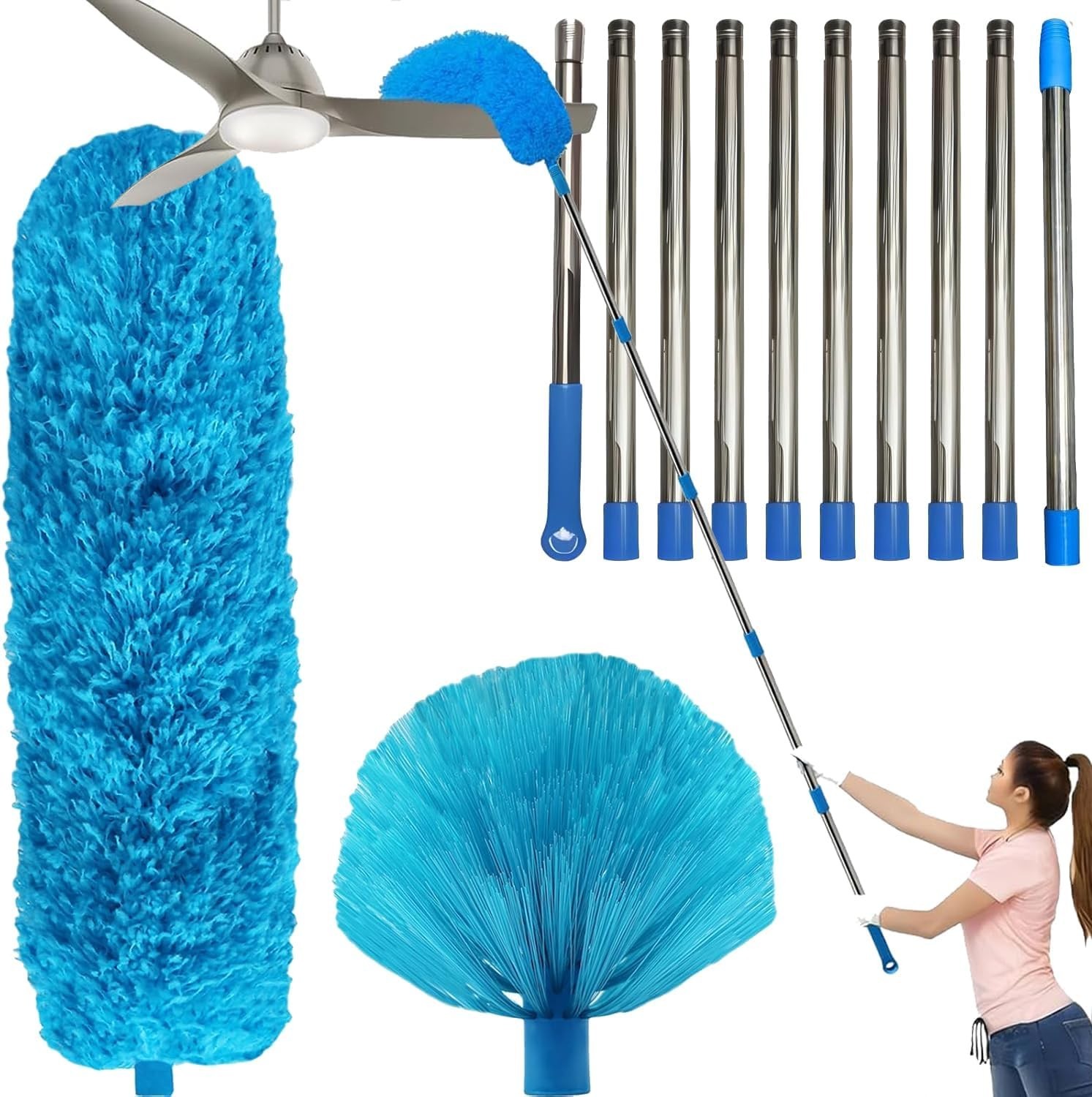 20+ Ft High Reach Ceiling Fan Duster & Cobweb & Corner Brush Duster with 3-13 ft