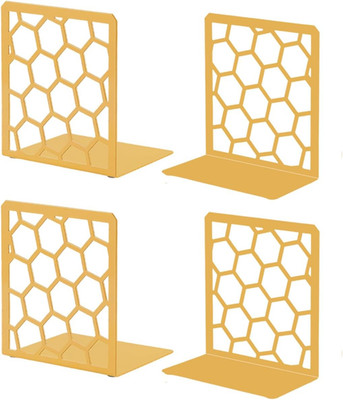 Geometric Honeycomb Gold Metal Bookends Decorative - Tall Sturdy Book Ends for S
