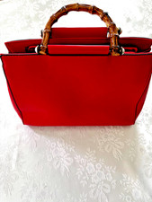La Terre Red Crossover Handbag 15" x 10" Bamboo Handles Dramatic Chic