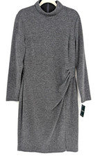 Ralph Lauren Women Charcoal Gray Ruched Mock Neck Dress NWT Size 16 Chic Classic