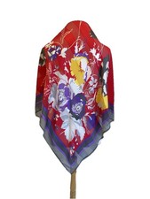 Vintage 100 Silk Scarf Floral Print Square Foulard Red Yellow Purple A44