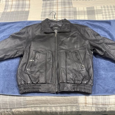 Outbrook Jacket Mens Large Black Leather Bomber Quilted Lined Full Zip Pockets
