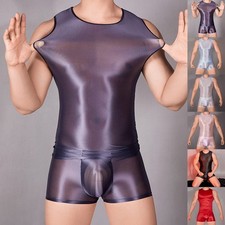 Stretchy Mens Glossy Top Jumpsuit Shiny See Through Nightwear Dark Gray