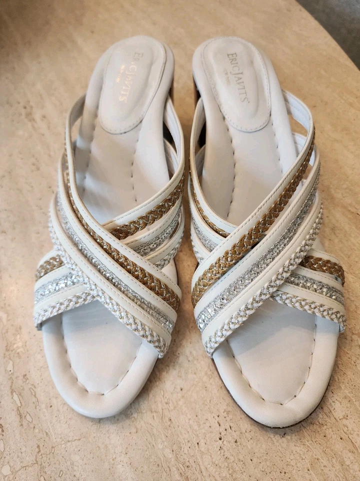 Sandalias Eric Javits 10.5 N Correa Cruzada Tacón Bloque Usadas 1X Foto 2 de 4