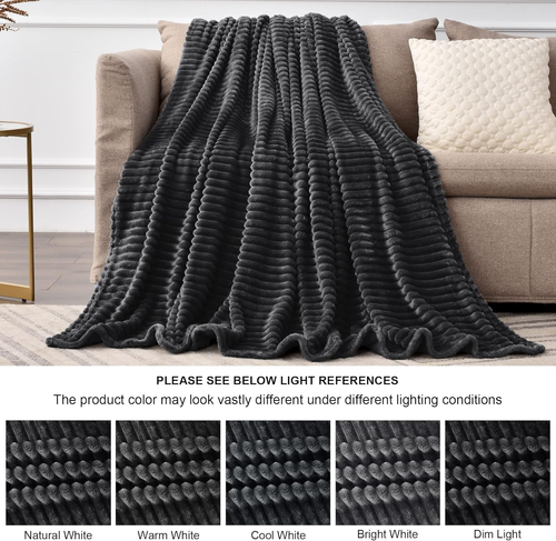 Fleece Blanket - 3D Ribbed Jacquard Decorative Black Throw Blankets for Men & Wo - Picture 7 of 12
