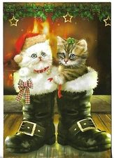 *NEW LEANIN TREE approx 6.75 x 4.75" Christmas Kittens in Santa's Boots w/ENV