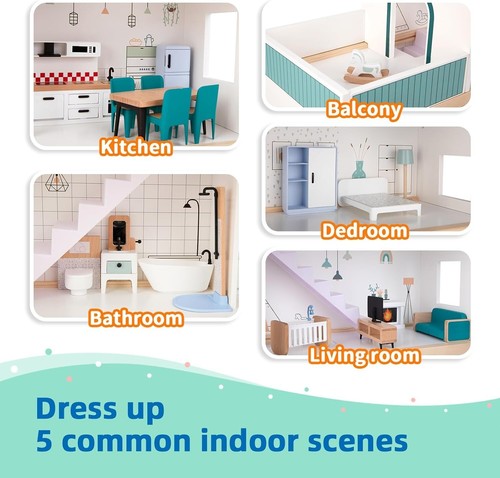 Charming Wooden Dollhouse with Interactive Furniture & Family Dolls for Kids - Picture 5 of 10