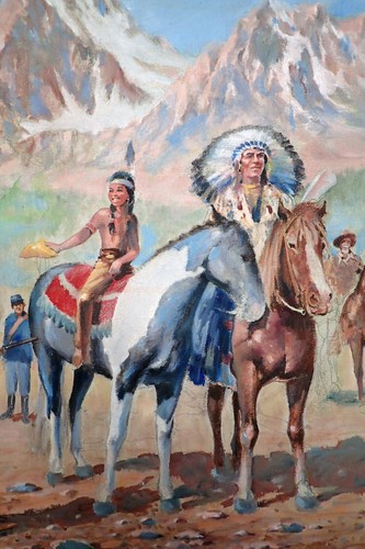 Rare Oil Painting - "Native Americans Arrive at a Military Fort in Wyoming" - Picture 11 of 20