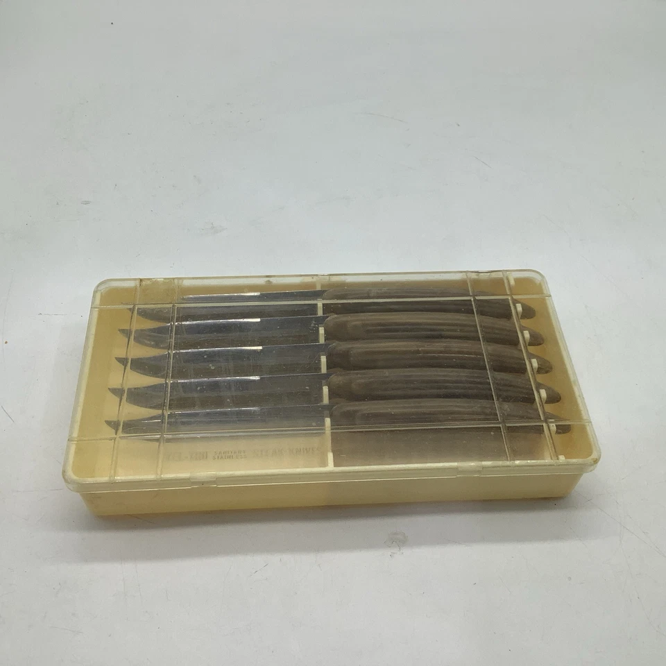 Juego de 5 cuchillos para carne Tel Tru sanitarios de acero inoxidable en estuche mangos marrones Foto 4 de 4