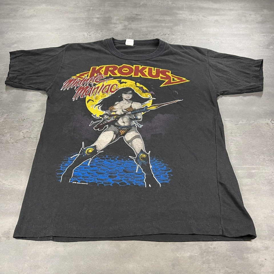 True Vintage 80s Krokus Shirt Adult S Crop Black Pinup Faded Single Stitch Band - Image 2 of 4