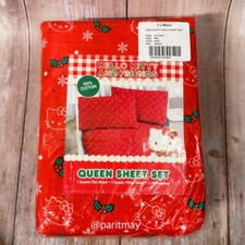 Hello Kitty Christmas Snow Flakes Mistletoe QUEEN Size Cotton Sheet Set NEW