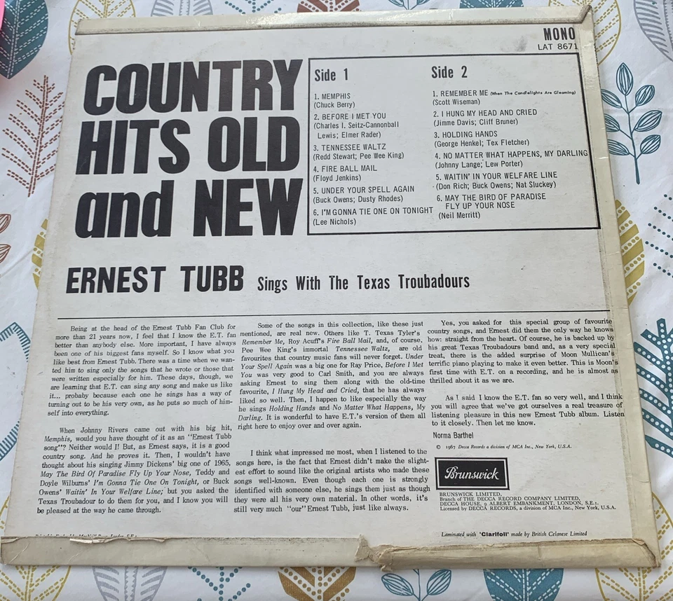ERNEST TUBB COUNTRY HITS OLD AND NEW VINYL LP - Image 2 of 4