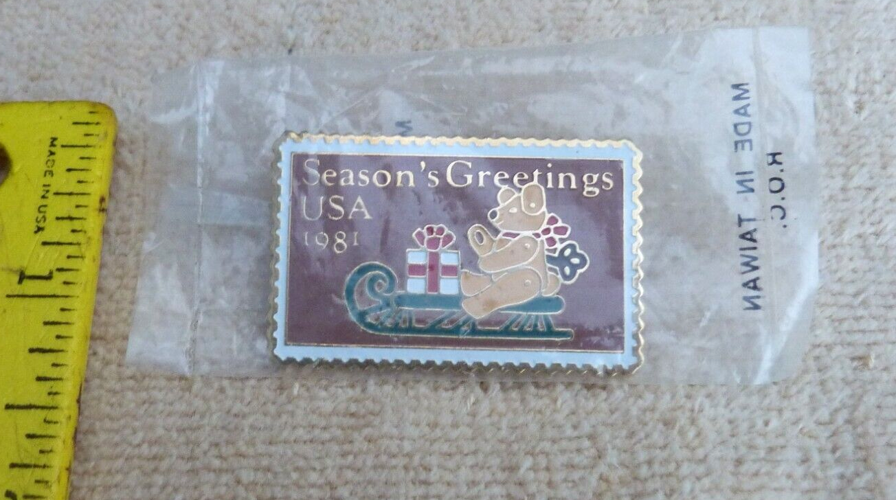 USPS Postage Stamp Pin Season’s Greetings USA 1981 Christmas Sleigh