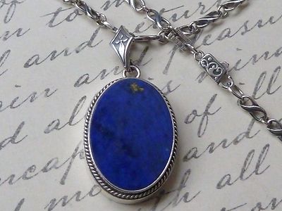 Vintage Sterling Pendant 24 X 18mm Lapis Lazuli, 18'' chain AK Clasp #Konder 218