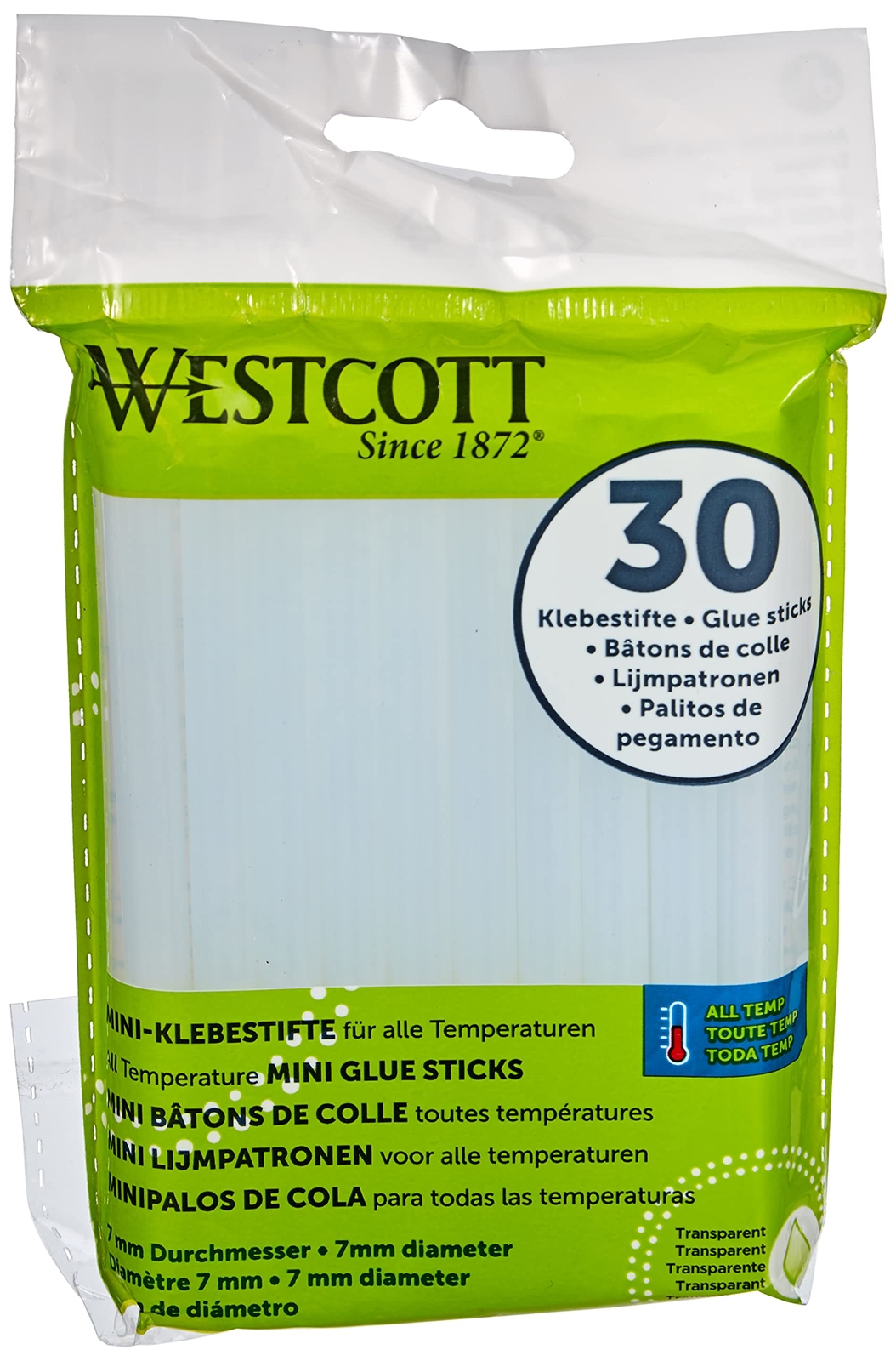 Westcott Mini Glue Sticks, Set of 30, 7 mm Diameter, 102 mm Long, Transparent, c