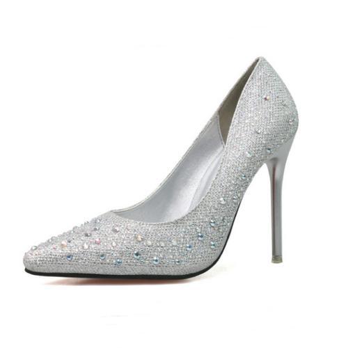 Womens Faux Leather Pull On High Heels Closed Toe Rhinestone Decor