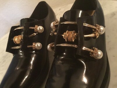 COLIAC Black Patent Leather Pearl & Crystal Embellished Derby