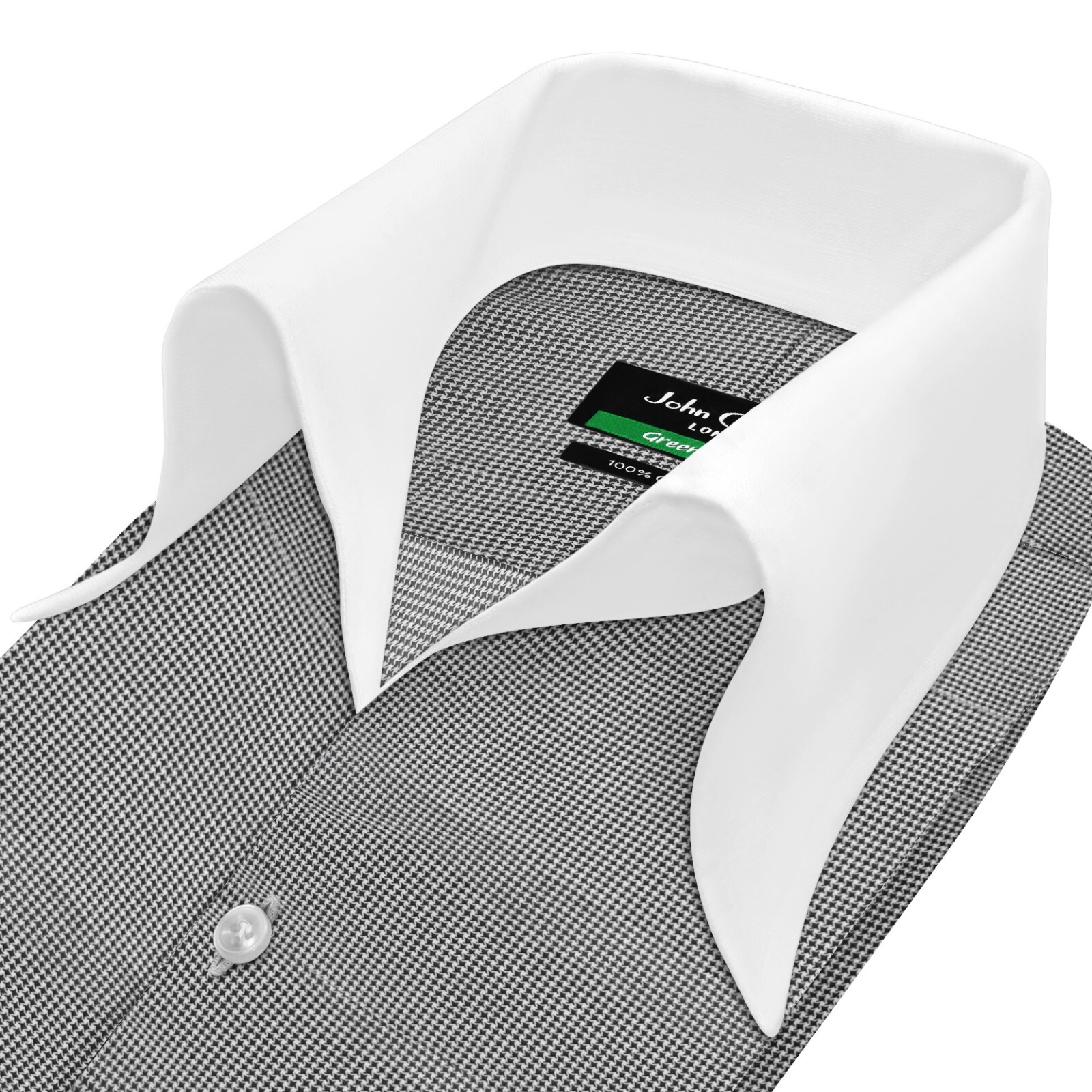 High Open Bow Collar Buttonless Men's Black Dogstooth V Neck Preppy Cotton Shirt image 9