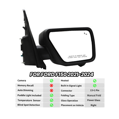 FOR 2021-2024 Ford F150 RIGHT SIDE DOOR MIRROR W/CAMERA BLIND SPOT
