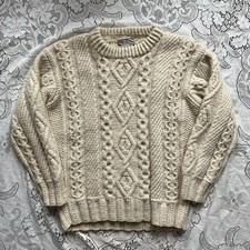 Aran Fisherman Sweater Hand Knit In Ireland Adult M/L 100 Wool Cable Knit 50s