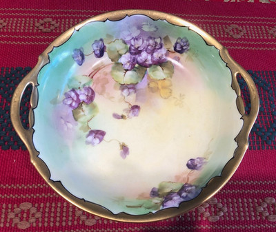 Antique Pickard Limoge Violets Cabinet Bowl Signed Minnie Pickard 1903 handles