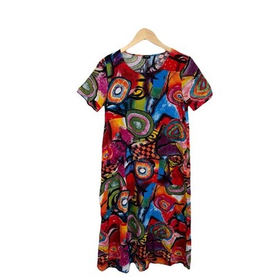 Vonda Multicolor Artsy Bold Abstract Art To Wear Short Sleeve Midi Dress Large