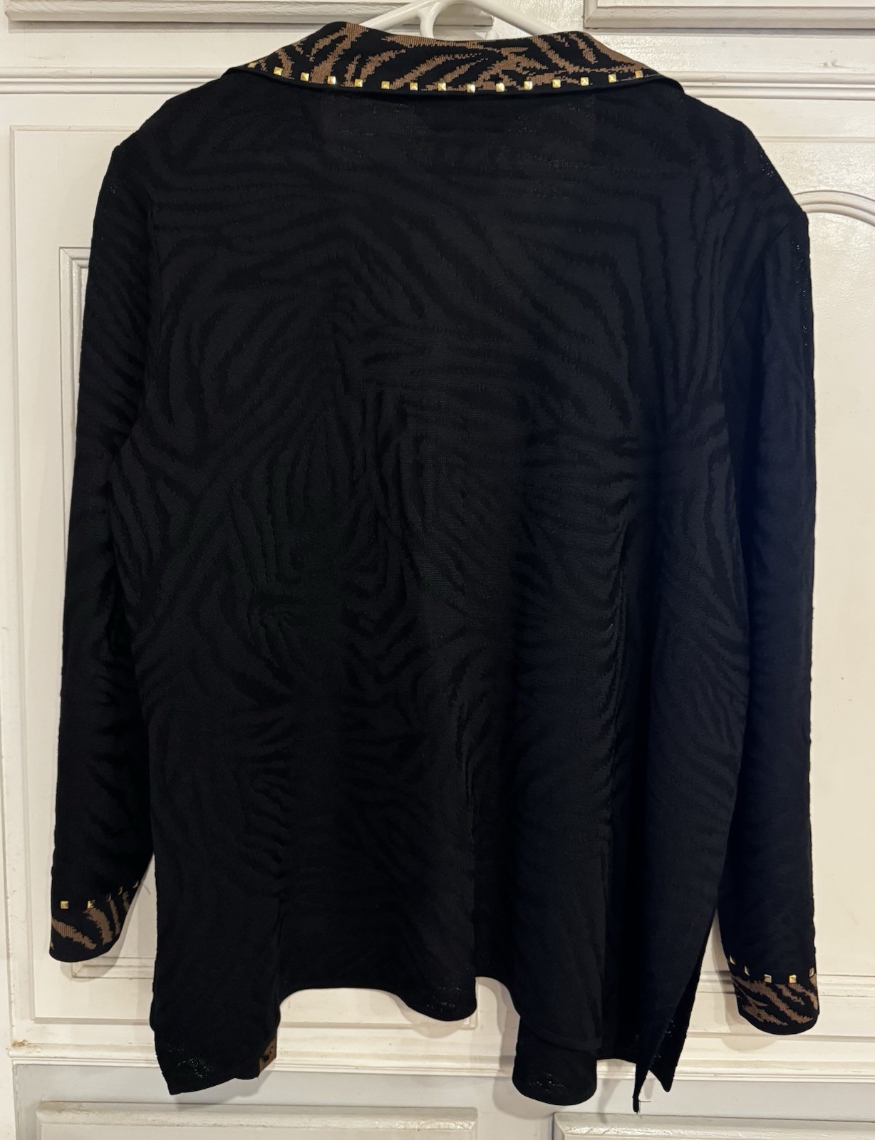 Ming Wang Womens Open Knit Black Jacket leopard Embellished Trim Long Sleeve 1X