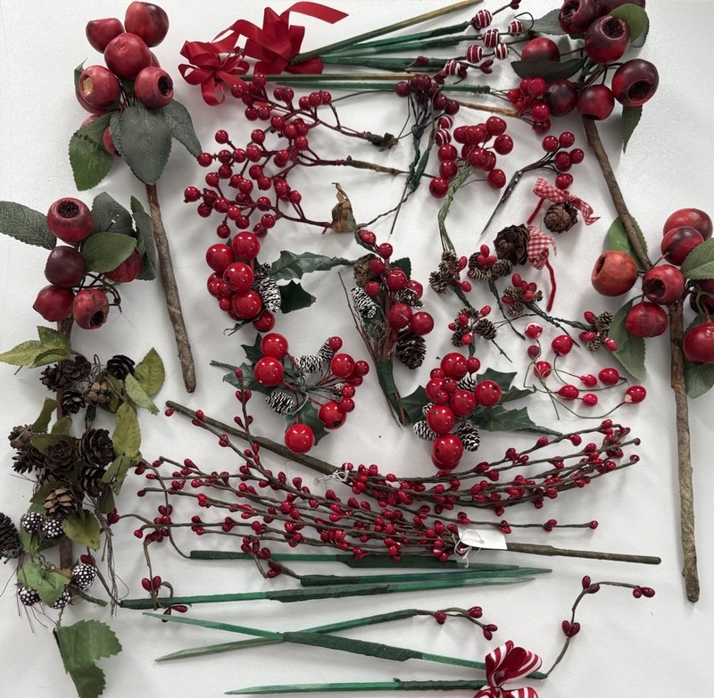 Vintage Christmas Floral Picks Lot Red Berries Pinecones Wired- NOS and Used