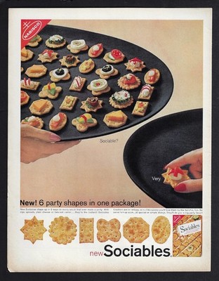 1962 NABISCO SOCIABLES Crackers Print Ad ''New! 6 party shapes in one package!''