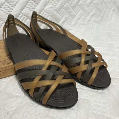 Crocs Isabella Sandals Huarache Size W Jelly Flat Slip On Strappy Brown  Gold