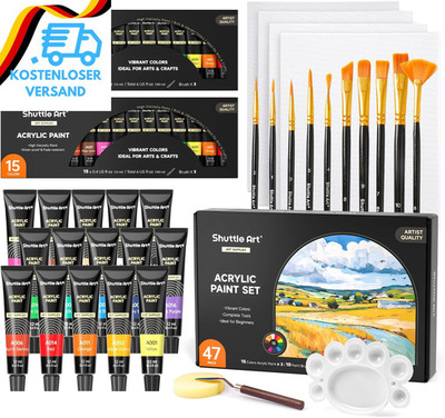 Shuttle Art Acrylfarben Set, 47 Teiliges Acryl Farben Set, 15 Acrylfarben X 2 (J