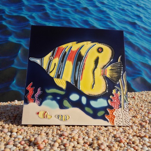 Decorative Wall Art Ceramic Tile 8"x8"Yellow Tropical Fish Coral Reef Coastal