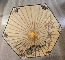 Vintage Japanese Chinese Bamboo Rice Paper Wood Umbrella Parasol Hand Painted