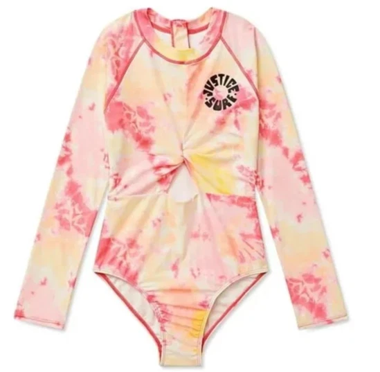 JUSTICE Girls Rashguard 1 Piece Twist Swimsuit CHOOSE SIZE 10, 12-14 UPF 50+ NEW - Image 1 of 4