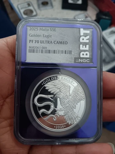 1 oz Silver 2025 Malta S5E Golden Eagle PF70 Ultra Cameo Bert Purple Core