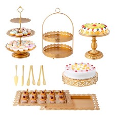 10PCs Gold Dessert Riser Set - Heat-Resistant Metal Cake Plates w/Quick Assembly