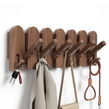 Walnut Wood Coat Rack Wall Mount,16.5" Wall Mounted Coat Rack with 8 Retracta...