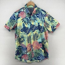 IZOD Shirt Mens M Saltwater Hawaiian Tropical Leaves Button Up Camp Cotton Blue