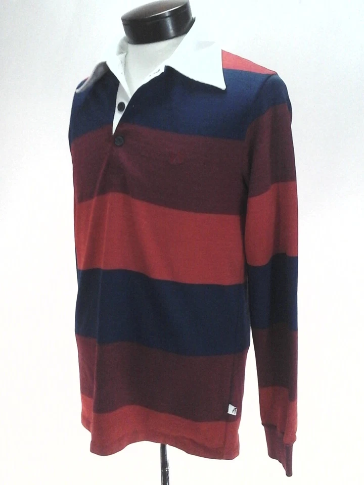 Camisa polo HANG TEN listrada L/S vintage anos 60 anos 70 azul laranja vermelha masculina G RARA - Imagem 4 de 4