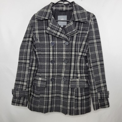 Warehouse One Gray Check Double Breasted Button Up Pea Coat Women's Size XS