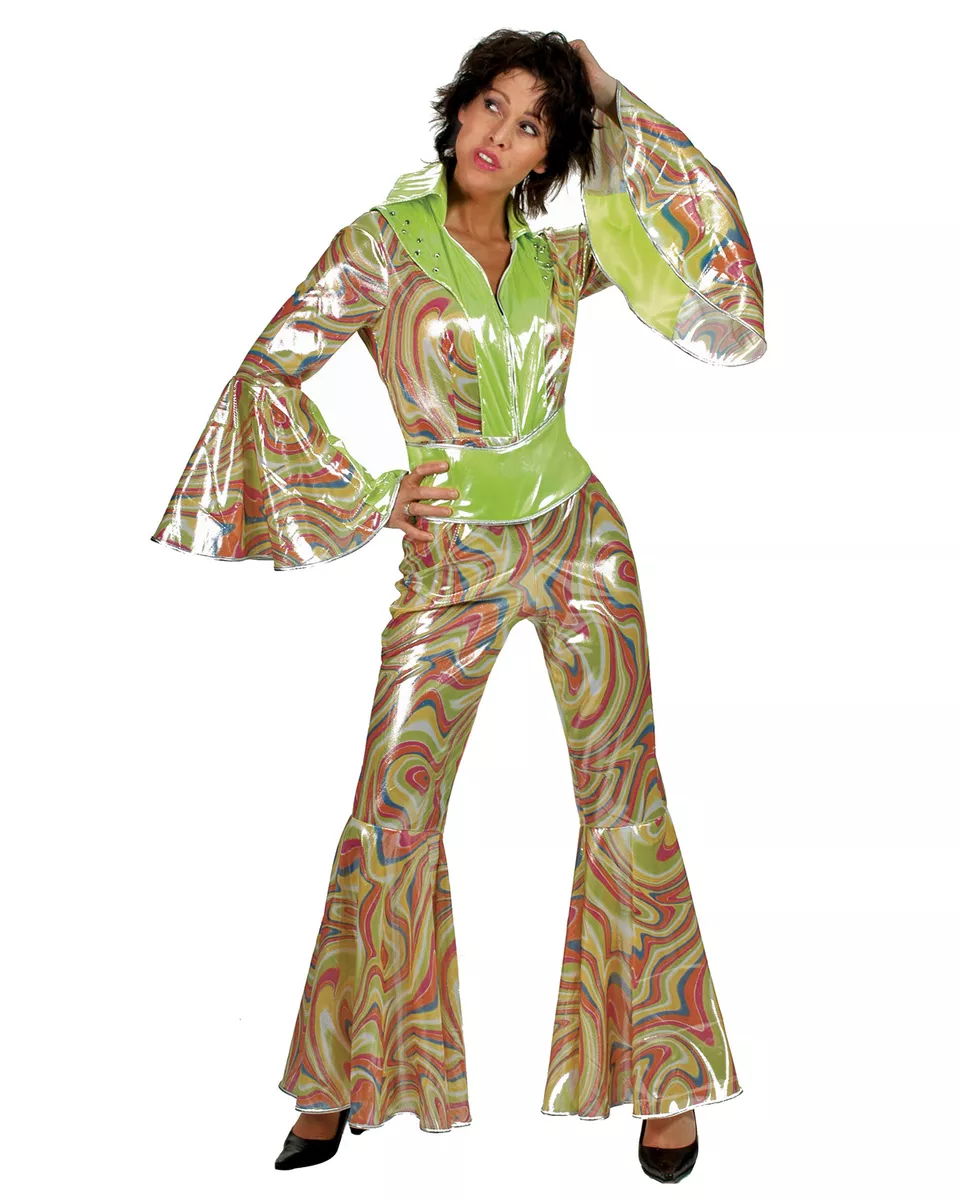 70 s 80 s Disco Jumpsuit Ladies 2Pc Neon Gr Multi Swirl Zip