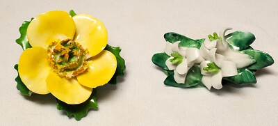 2 Vintage Bone China Floral Brooches Signed Artone Cara Staffordshire England