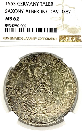 German States Saxony 1552 Taler Coin NGC MS62 F.STG/STG Thaler UNC RARE MORITZ