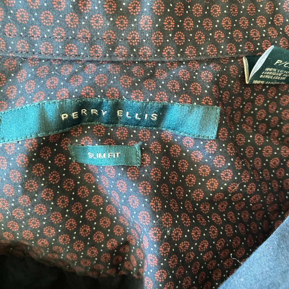 Camisa masculina PERRY ELLIS pequena azul botão frontal slim fit vermelha padrão geométrico - Imagem 3 de 4