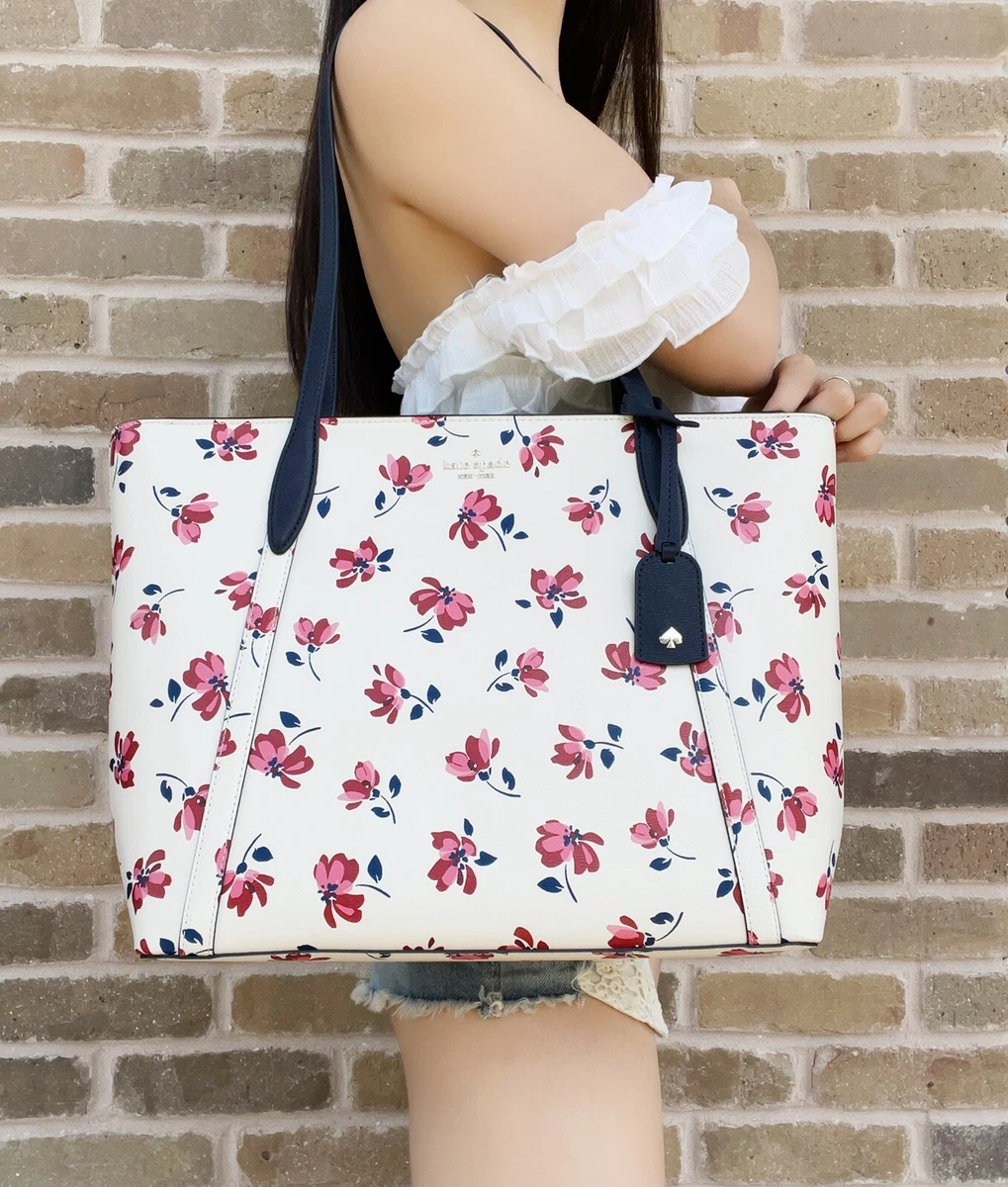 Kate Spade Cara Tea Garden Toss Large Top Zip Tote White Pink Floral Blue  Multi