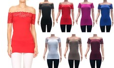Women's Solid Seamless Knit and Lace Off Shoulder Short Sleeve Top One Size New