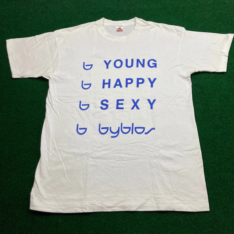 Camisa Byblos De Colección Para Hombres XL Blanca Azul Joven Feliz Sexy Diseñador Logo Años 90 EE. UU. Foto 2 de 4